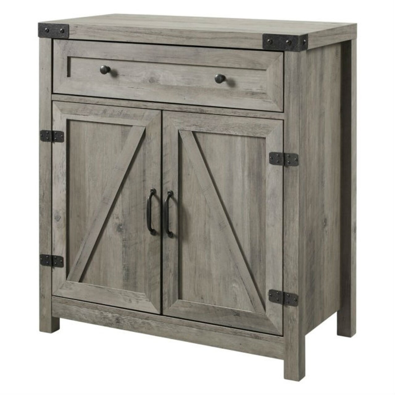 Rustic Grey Wash Barn Door Storage Cabinet with Adjustable Shelves and Metal Drawer Glide
